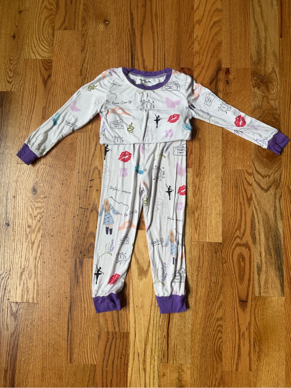 Taylor Swift White Kids Pajama Set with Purple Trim and Multicolor Prints